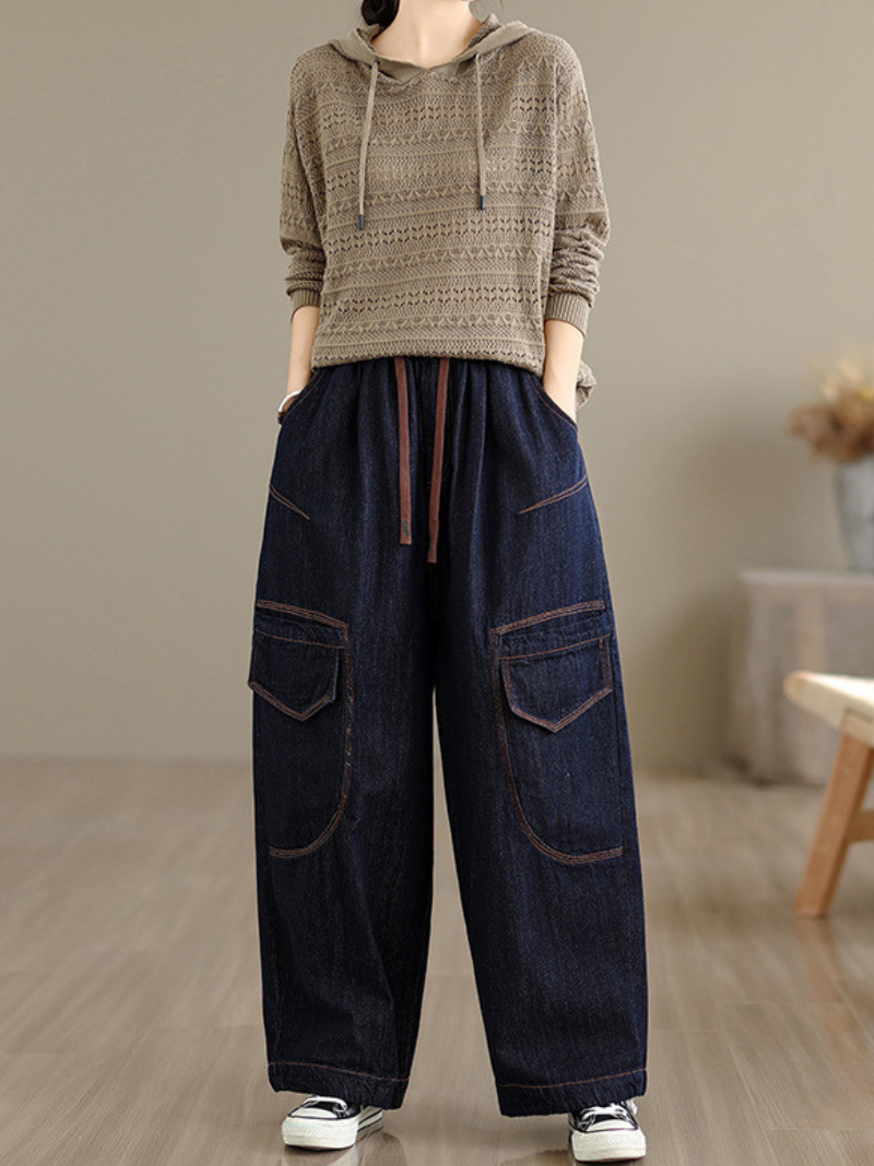 Artful Wide-Leg Denim Pants with Oversized Pockets and Drawstring Waist