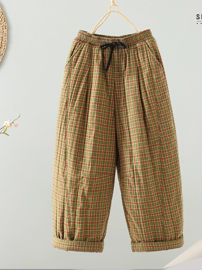 Artisanal plaid pants, relaxed cropped fit in breathable Cotton&Flax for women