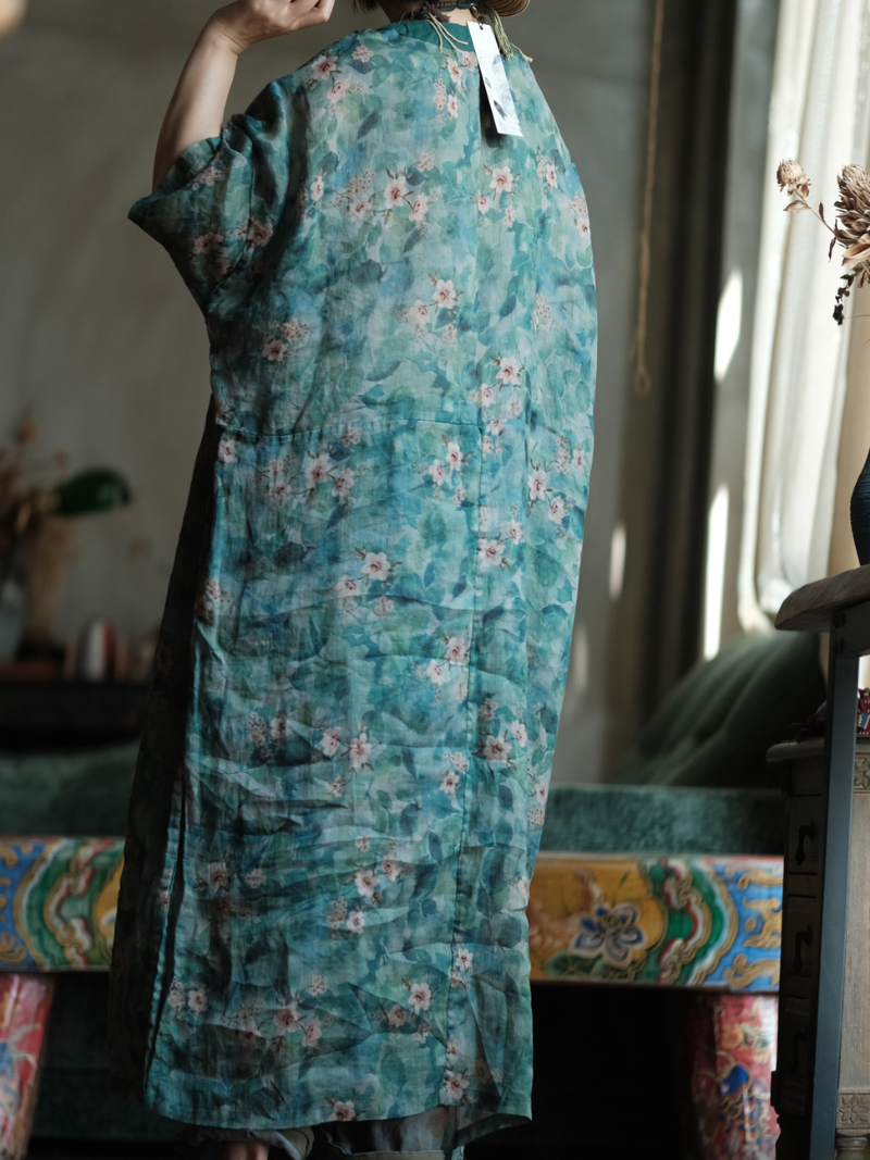 Artisanal Floral Ramie Kaftan Dress with Flowing Kimono Sleeves