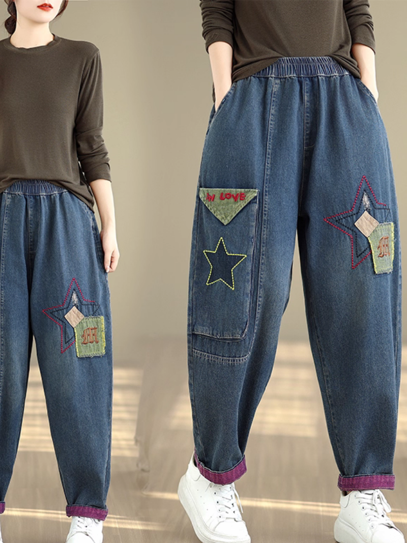 Artful Patchwork Harem Denim Pants, Relaxed Tapered Silhouette for Women