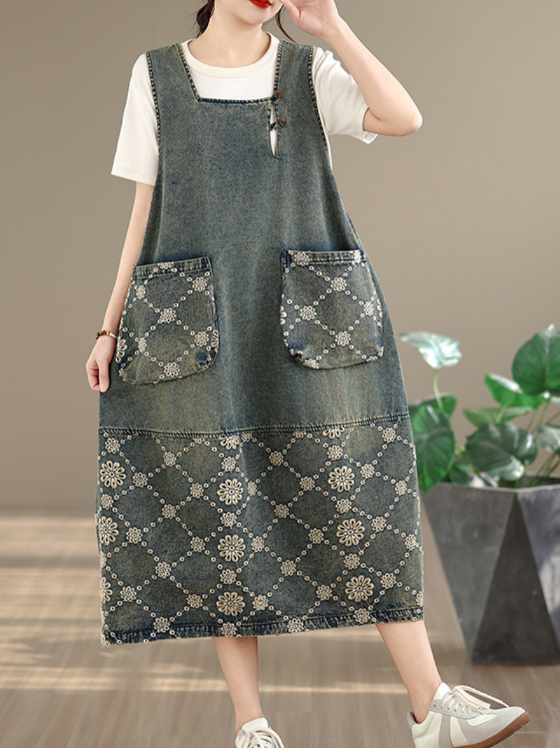 Artisanal Patchwork Denim Dress in Cotton Pinafore Silhouette, Relaxed Midi