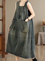 Artisan Denim Cotton Pinafore Midi Dress with Sculpted Pockets