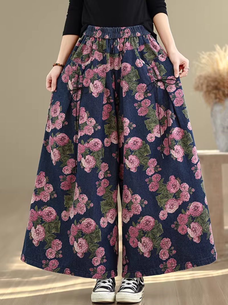 Floral Denim Cotton Wide-Leg Palazzo Pants with Elastic High Waist