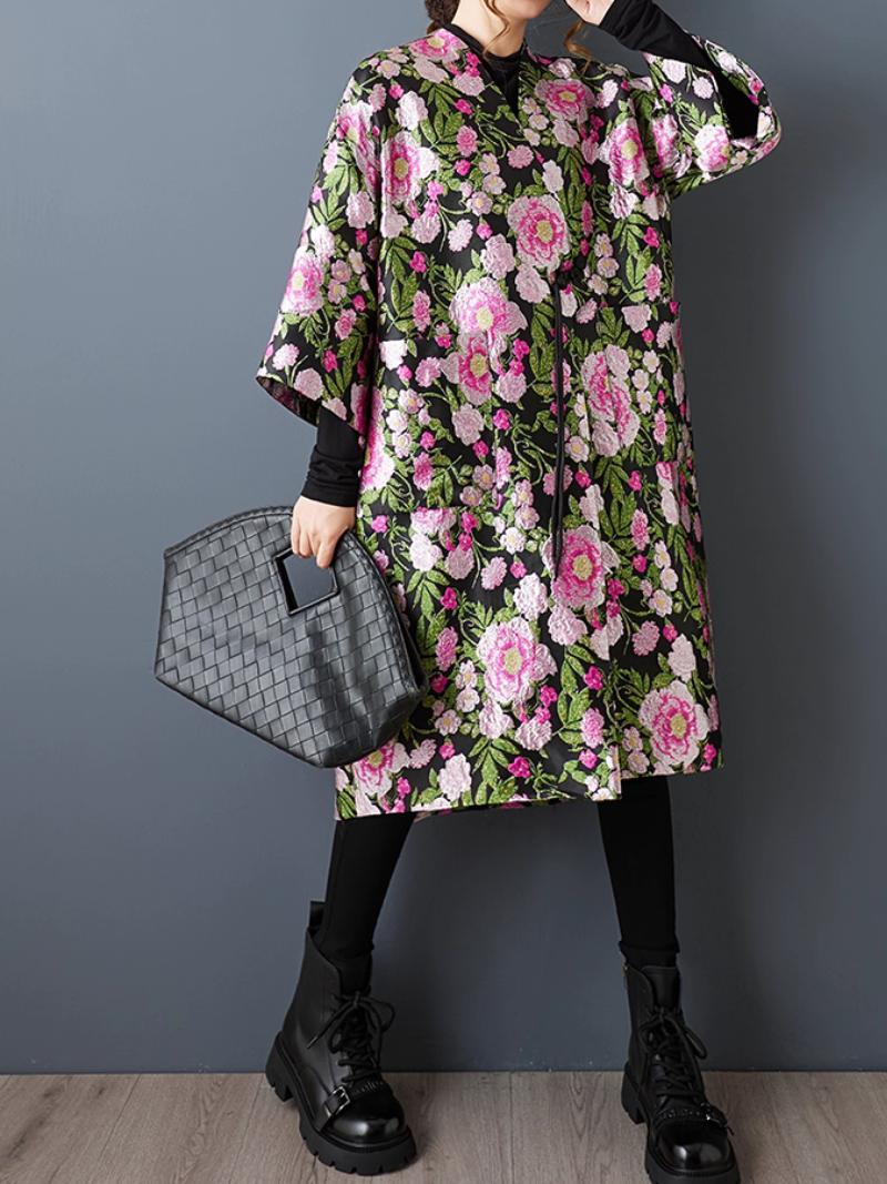Artful Floral Jacquard Kimono Duster, Oversized Floral Coat Layering Piece