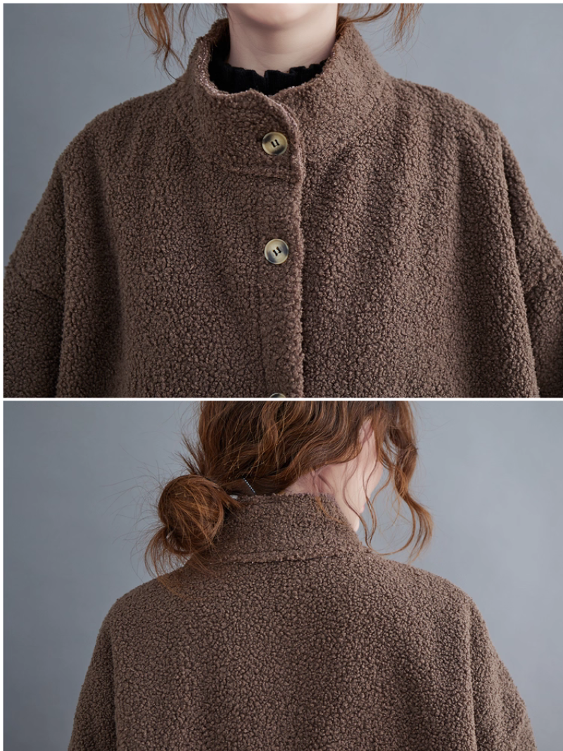 Oversized Lambskin Shearling Coat with Stand Collar and Contrast Patch Pockets