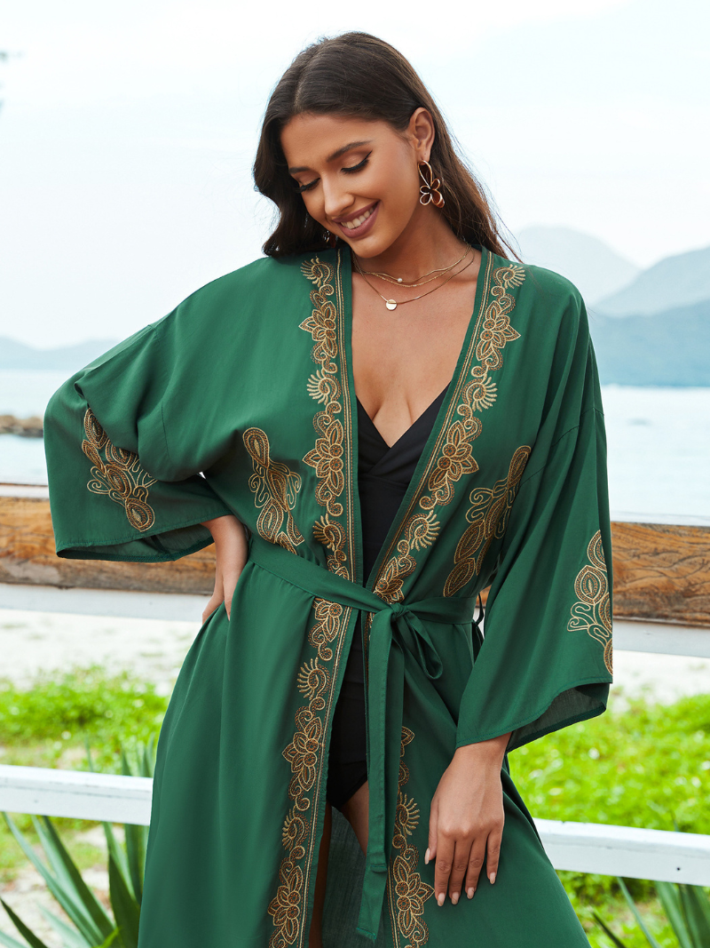 Robe Kimono à ceinture brodée à style ouvert de grande taille en liberté en liberté