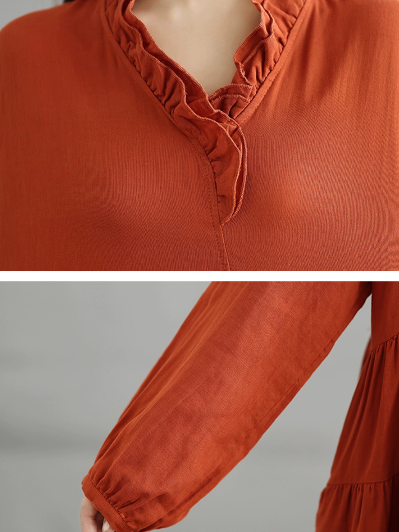 Ruffle neck and elastic cuff long sleeves dress for womn