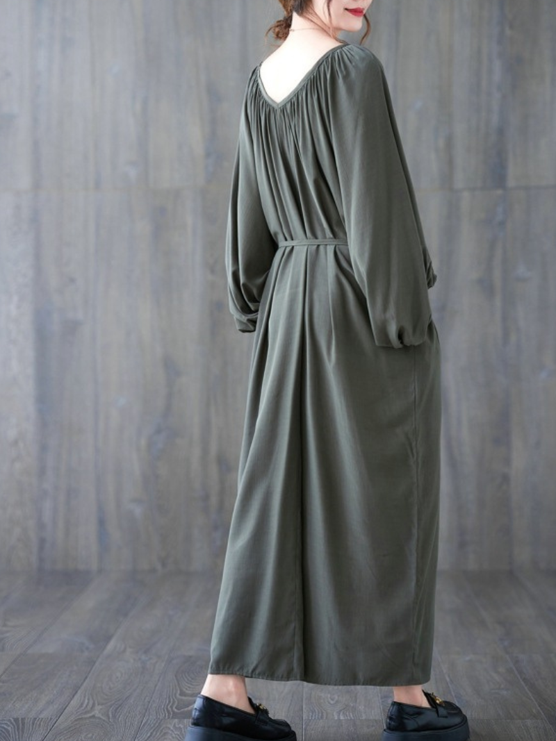 Gathered Neck Viscose Maxi Dress with Belt and Bishop Sleeves