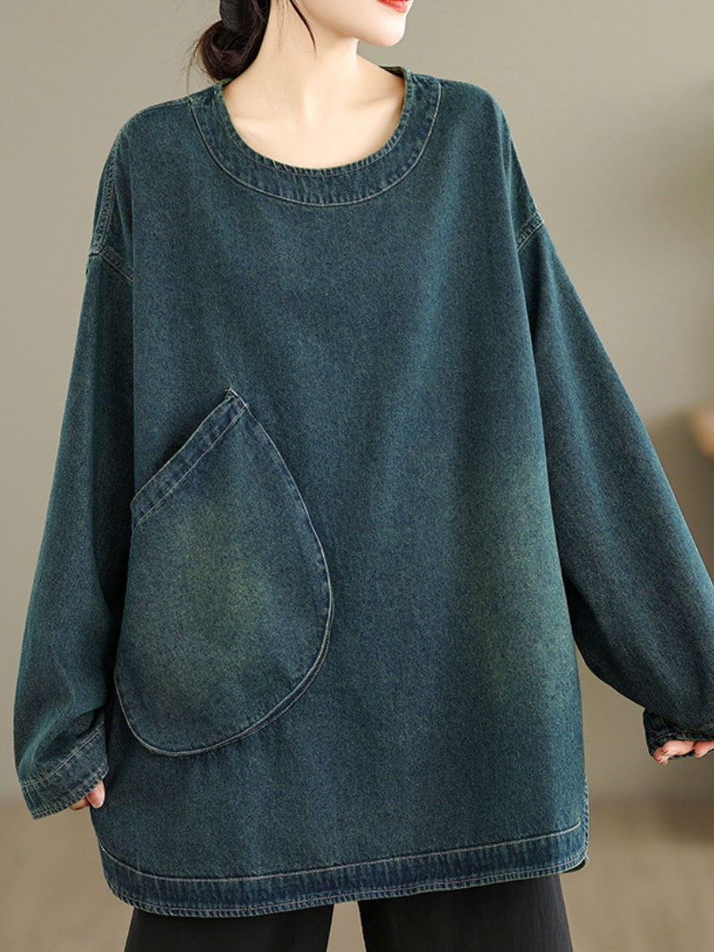 Oversized Denim Cotton Top with Curved Hem and Statement Pocket