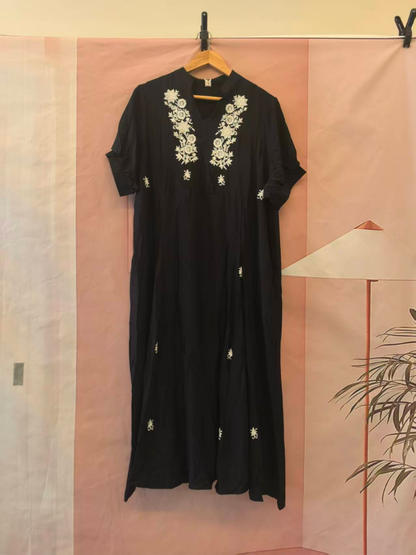 Women's Flower Embroidered Trumpet Sleeves A-Line Dress