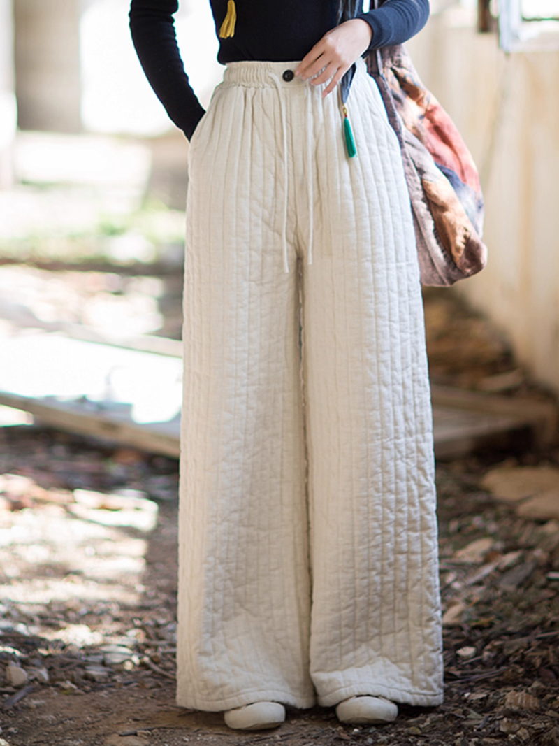 Women’s Quilted Wide-Leg High-Waist Cotton-Linen Pants, Effortlessly Chic Minimal Style Trousers