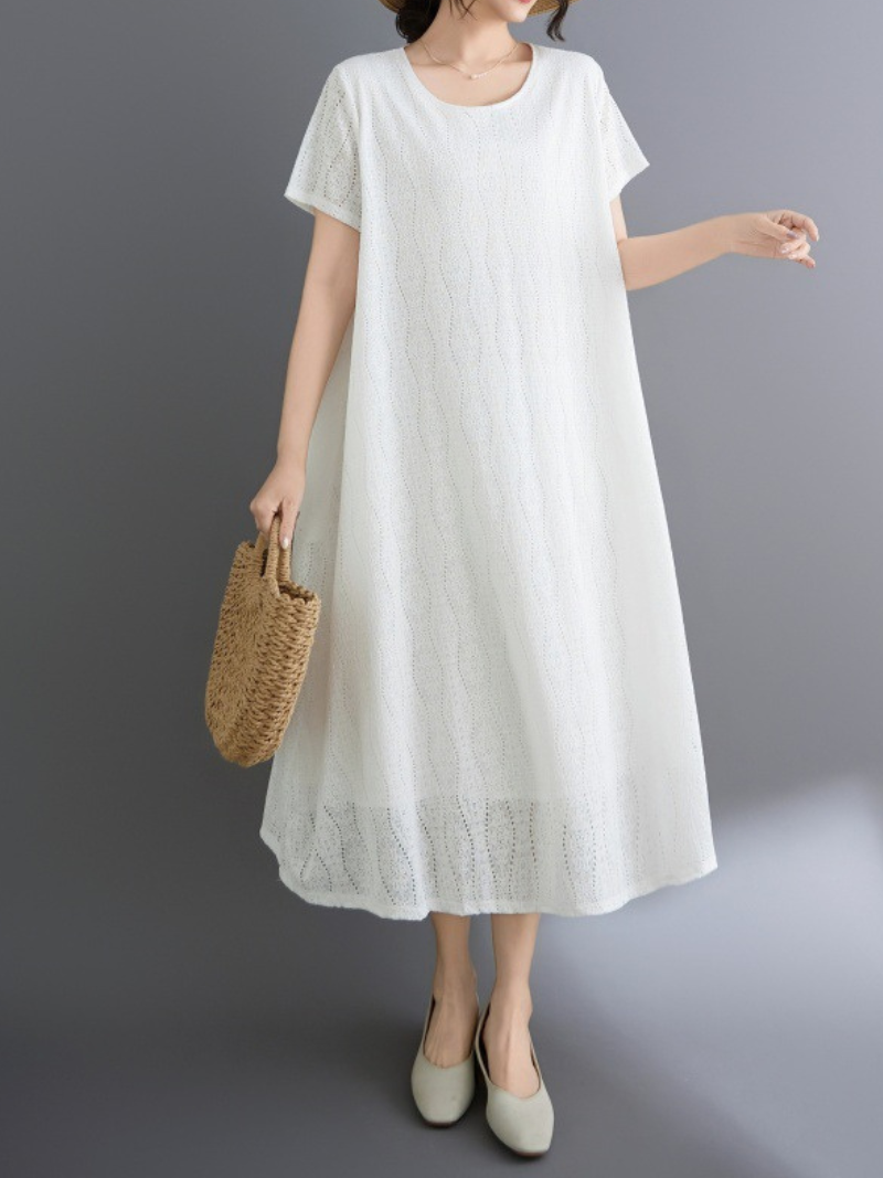 Lace-Scrolled A-Line Midi Dress with Pockets in Cotton Blend Elegance