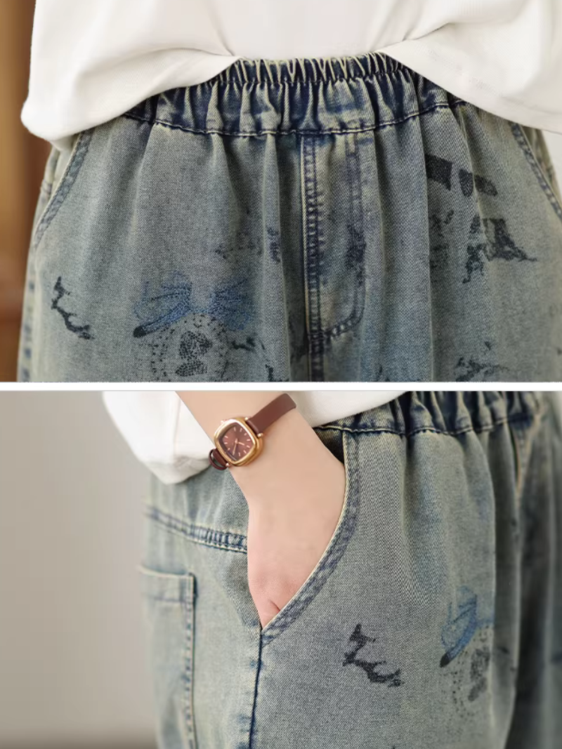 Artful Relaxed Denim Cotton Jogger Pants for Women Elastic Waist Jeans