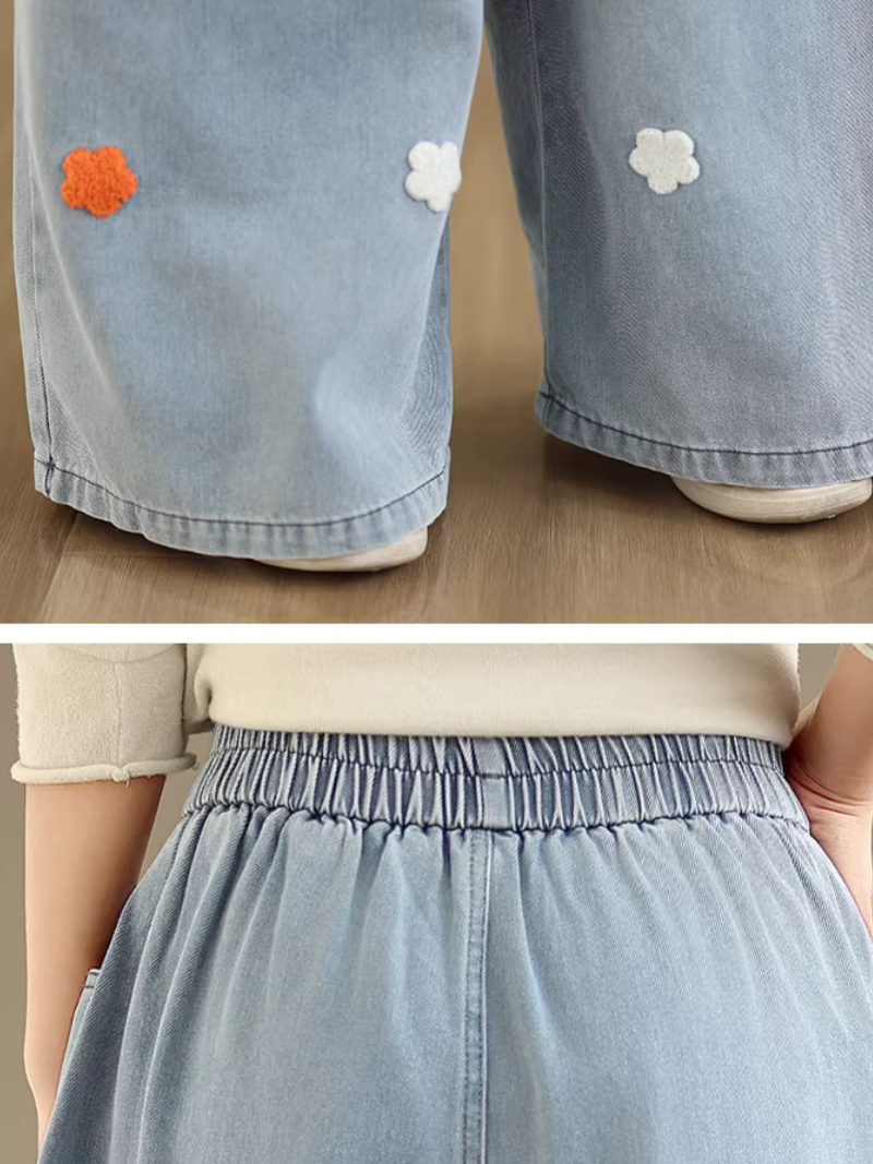 Artful Appliqué Wide-Leg Denim Cotton Pants, Relaxed High-Waist Jeans