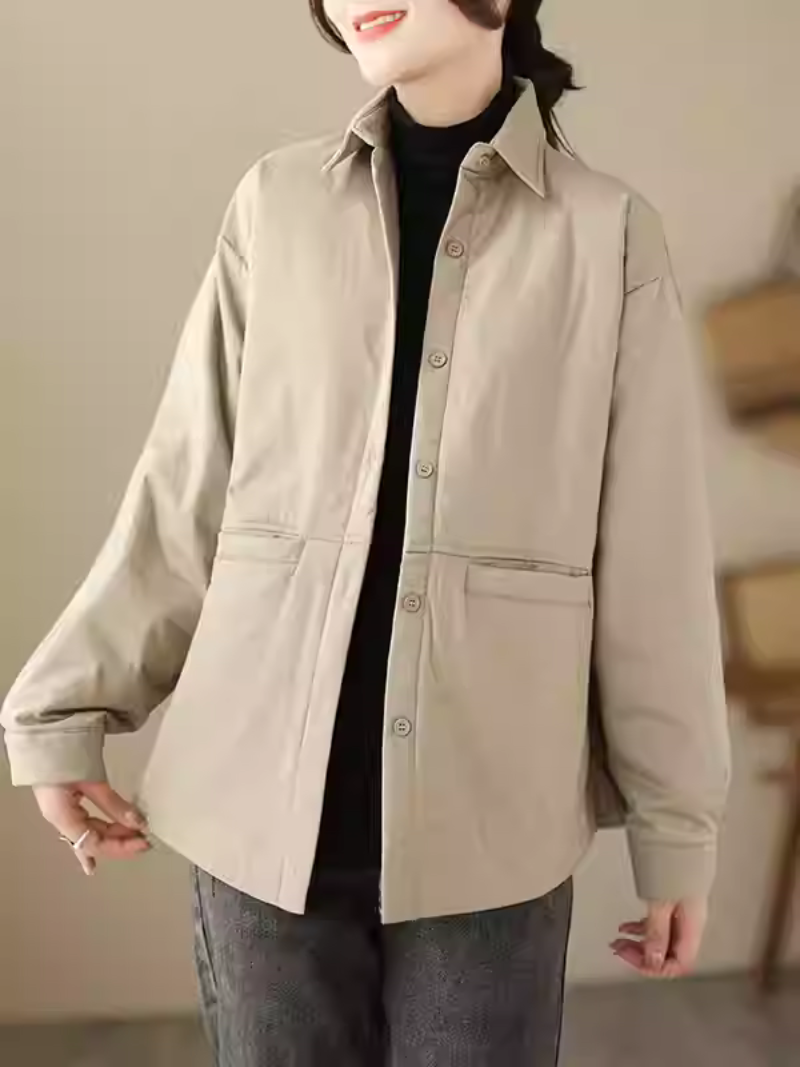 Minimalist cotton-nylon women's jacket, relaxed shacket with refined button front