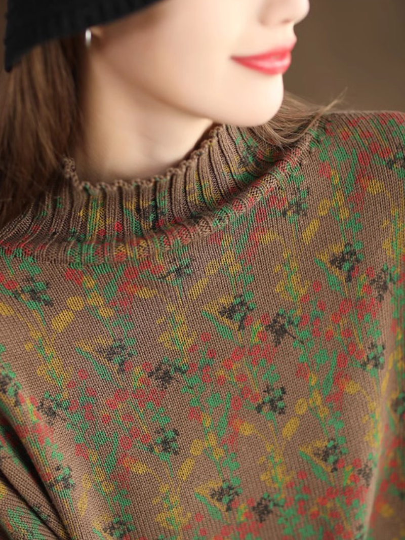 Jacquard Floral Knit Sweater with Relaxed Silhouette for Effortless Layering