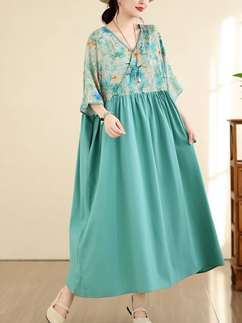 Artful Floral-Bodice V-Neck Maxi Dress in Breezy Viscose Blend Elegance