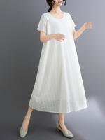 Lace-Scrolled A-Line Midi Dress with Pockets in Cotton Blend Elegance