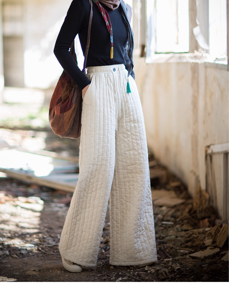 Women’s Quilted Wide-Leg High-Waist Cotton-Linen Pants, Effortlessly Chic Minimal Style Trousers