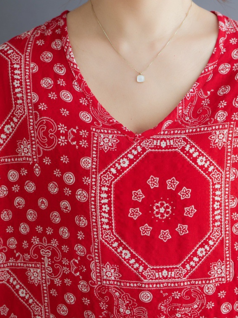 Bandana Mosaic Printed Cotton Relaxed Midi Dress with Soft Drape