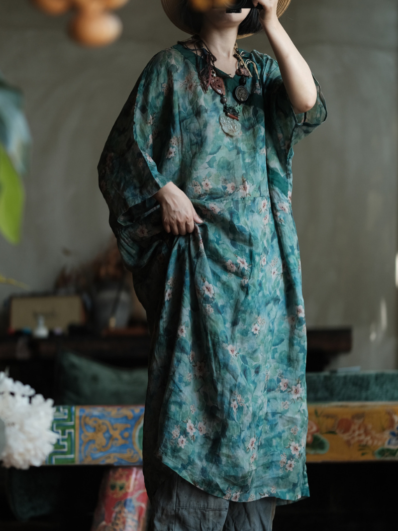 Artisanal Floral Ramie Kaftan Dress with Flowing Kimono Sleeves
