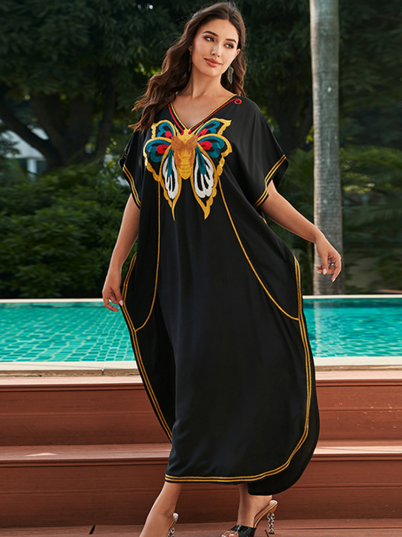 Vestido de kaftan suelto de vacaciones bordadas de comodidad y elegancia