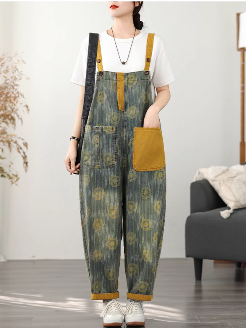 Women's Vintage-Inspired & Adjustable Strap Printed Dunagrees