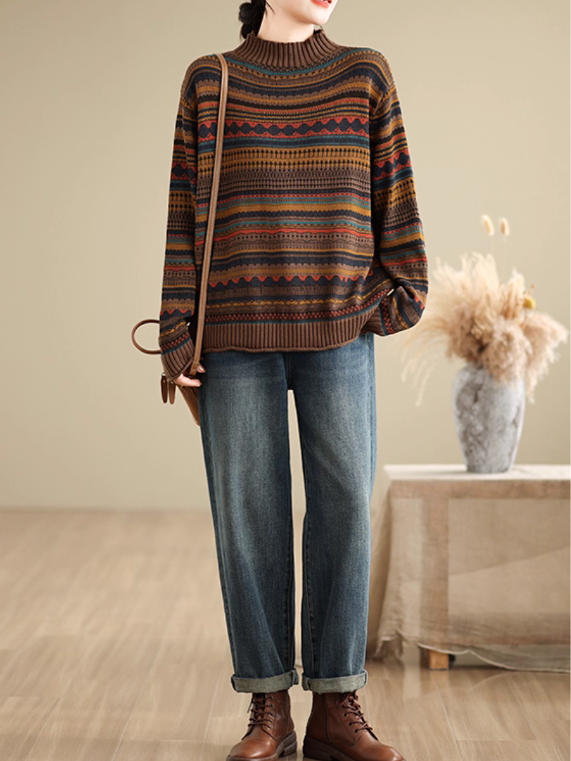 Artisanal Jacquard Mock-Neck Women's Knit Sweater, Relaxed Weekend Layer