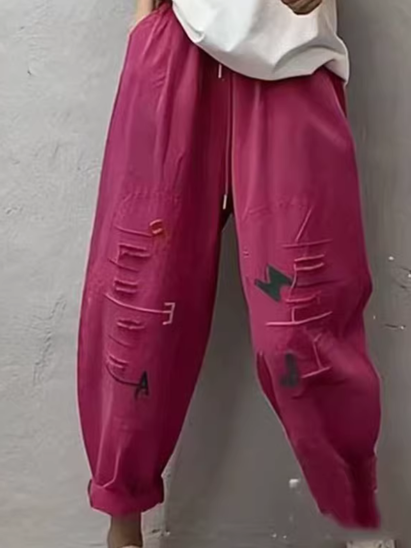 Chic Cotton Drawstring Tapered Pants with Artful Slashes for Women