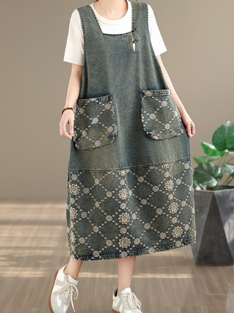Artisanal Patchwork Denim Dress in Cotton Pinafore Silhouette, Relaxed Midi