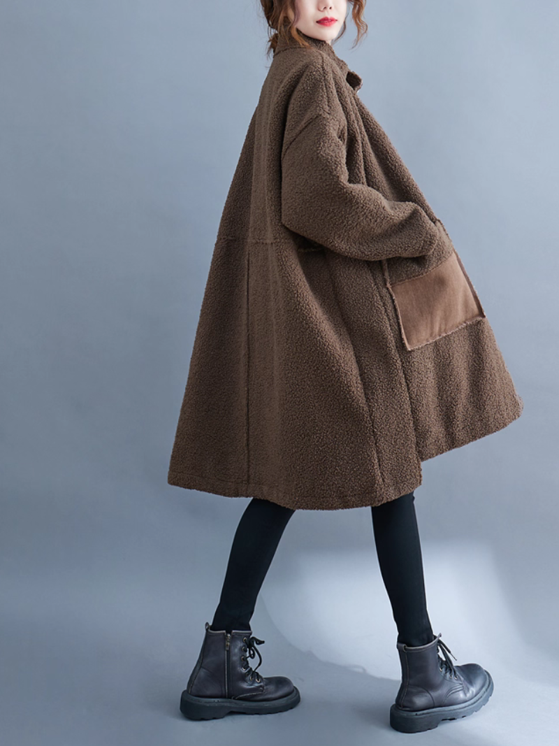 Oversized Lambskin Shearling Coat with Stand Collar and Contrast Patch Pockets