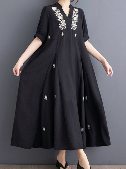 Women's Flower Embroidered Trumpet Sleeves A-Line Dress