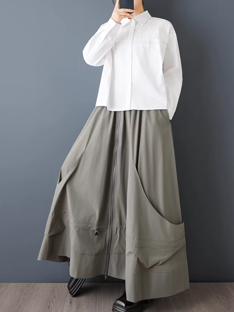 Sculptural Drawcord Maxi Skirt with Elastic Waist, Flowing Polyester Elegance