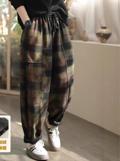 Women Harem Velvet Plaid Versatile Retro Print Bottom