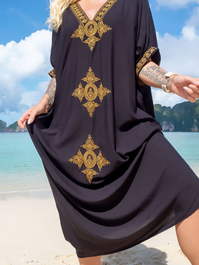 Women's Beachside Relaxation Embroidered Short Sleeves Kaftan Dress