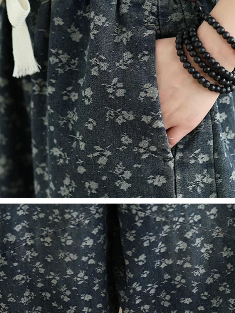 Floral Denim Cotton Wide-Leg Culottes with Tassel Drawstring Women's Pants