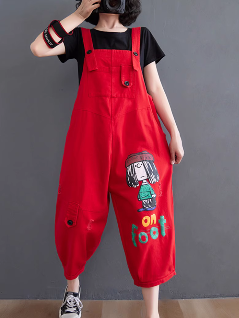 Women Printed Ripped Dungarees