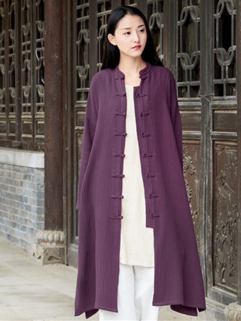 Elegant Cotton-Linen Mandarin Collar Midi Tunic Dress with Frog Buttons