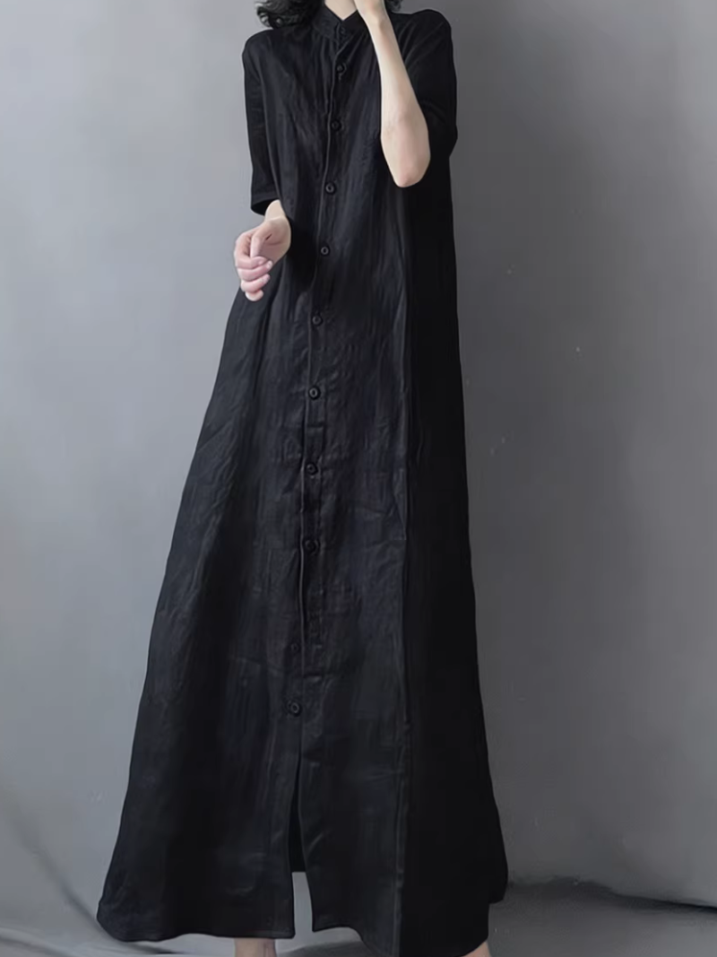 Serene Cotton-Linen Button-Front Maxi Shirt Dress with Mandarin Collar