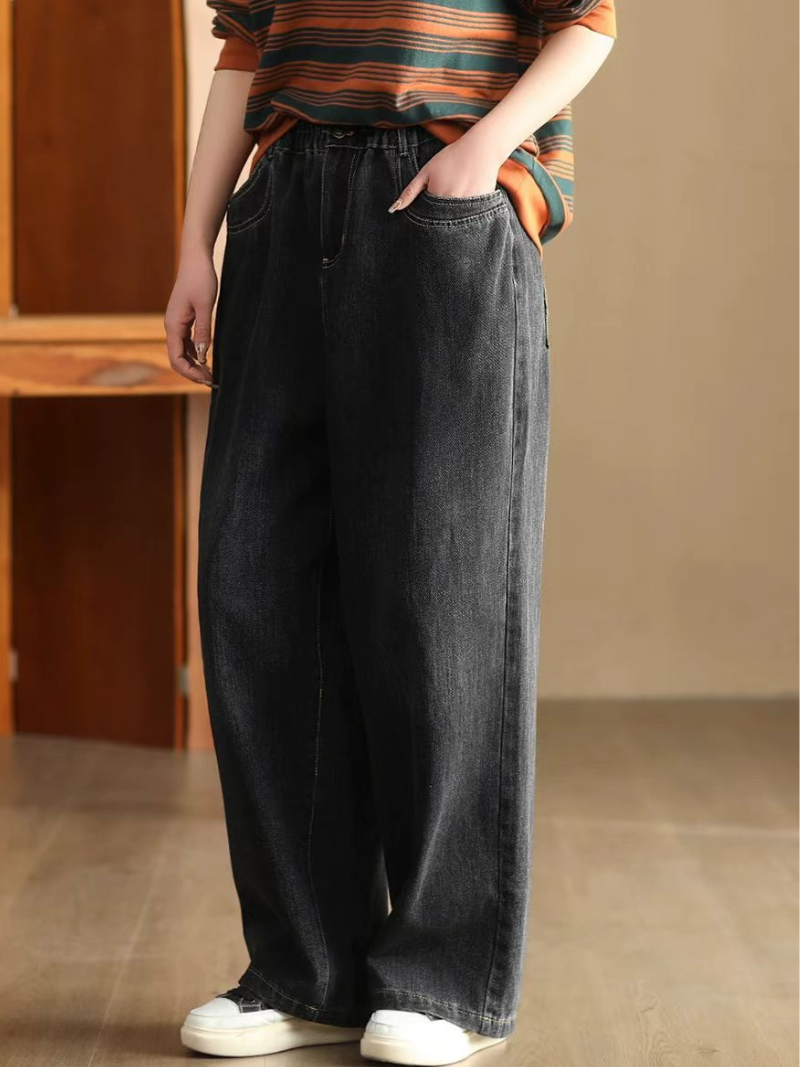 Relaxed Wide-Leg Denim Cotton Jeans with Elastic Waist, Effortless Chic