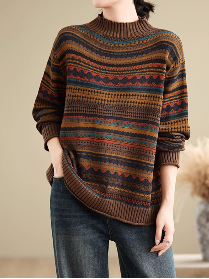 Artisanal Jacquard Mock-Neck Women's Knit Sweater, Relaxed Weekend Layer