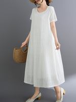 Lace-Scrolled A-Line Midi Dress with Pockets in Cotton Blend Elegance