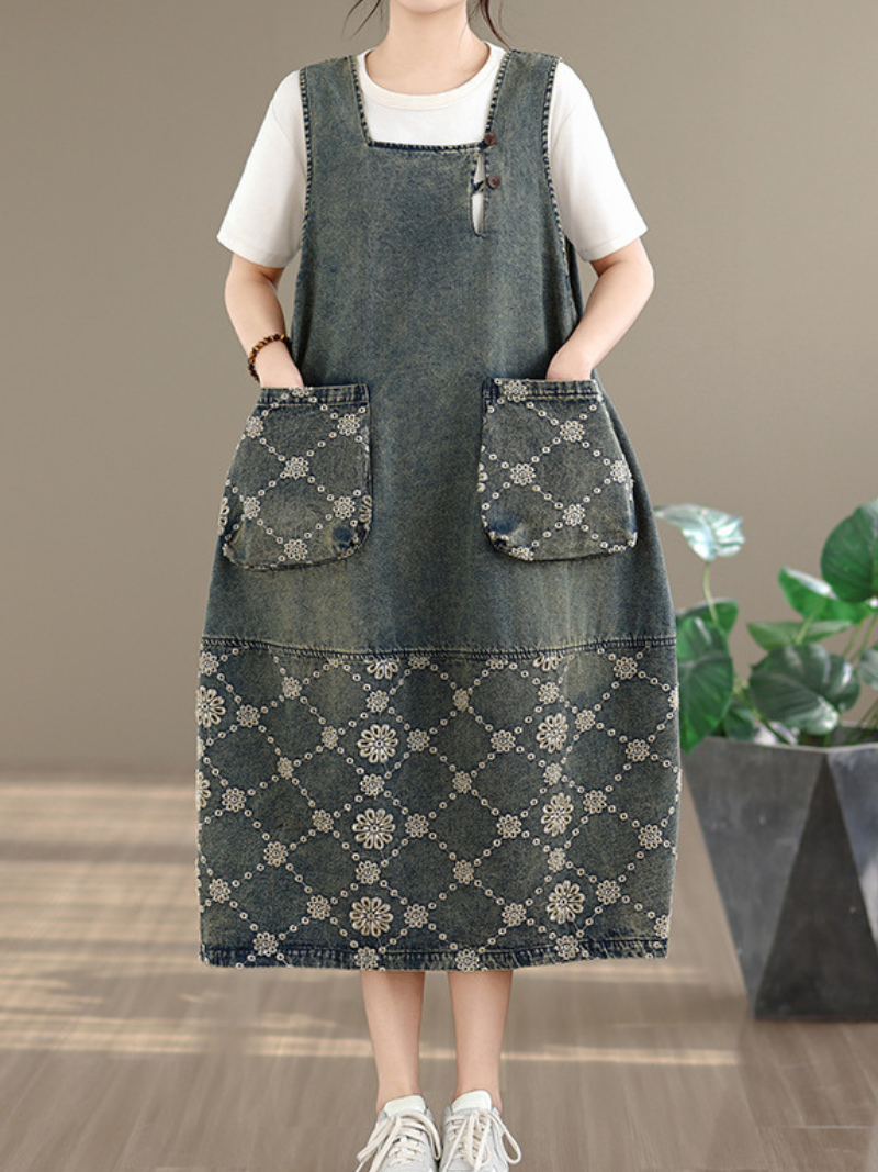 Artisanal Patchwork Denim Dress in Cotton Pinafore Silhouette, Relaxed Midi