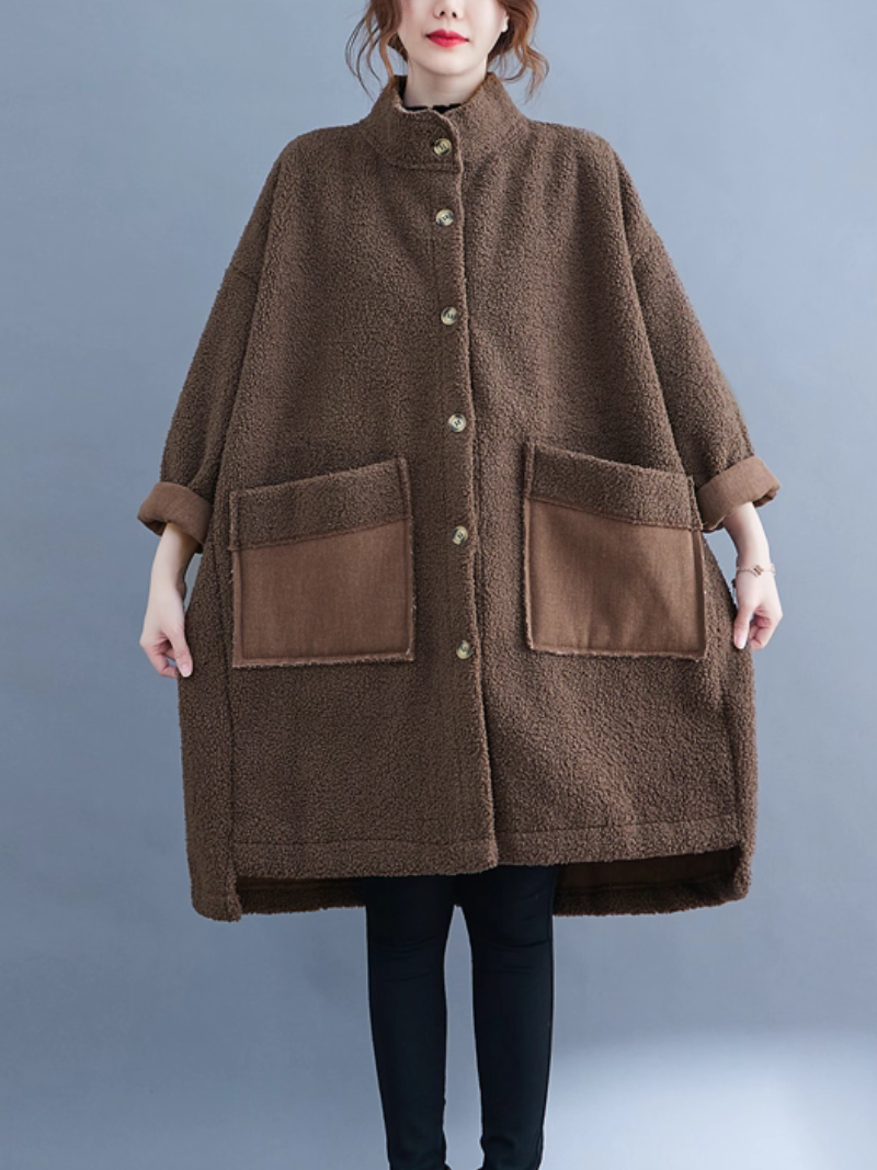 Oversized Lambskin Shearling Coat with Stand Collar and Contrast Patch Pockets