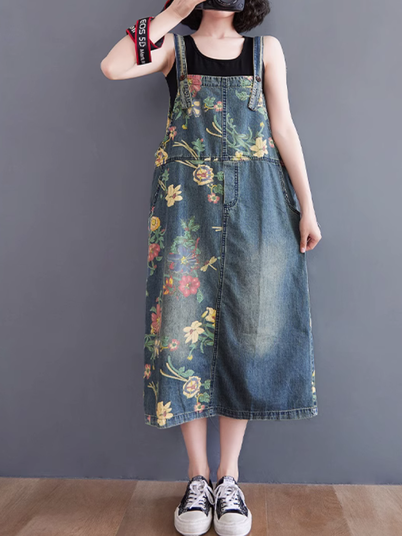 Women's Summer Printed Loose Mid-Length Overalls Dungarees