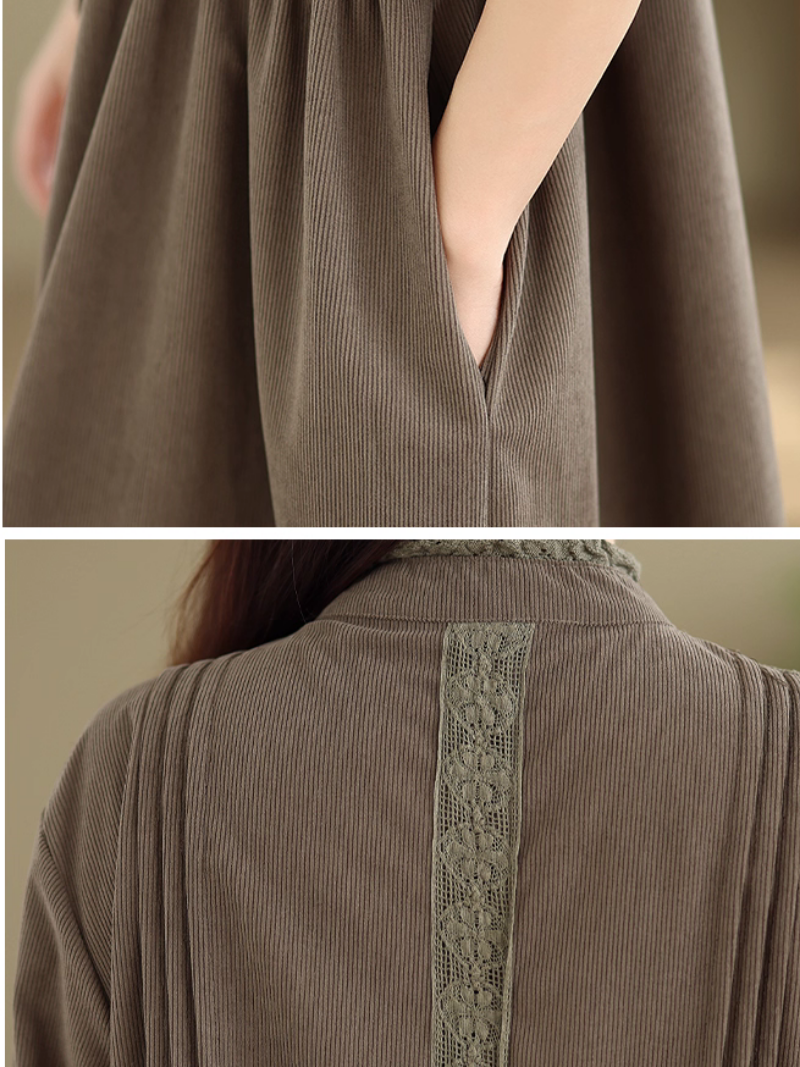 Vintage corduroy dress with stand collar and buttons, artful everyday ease