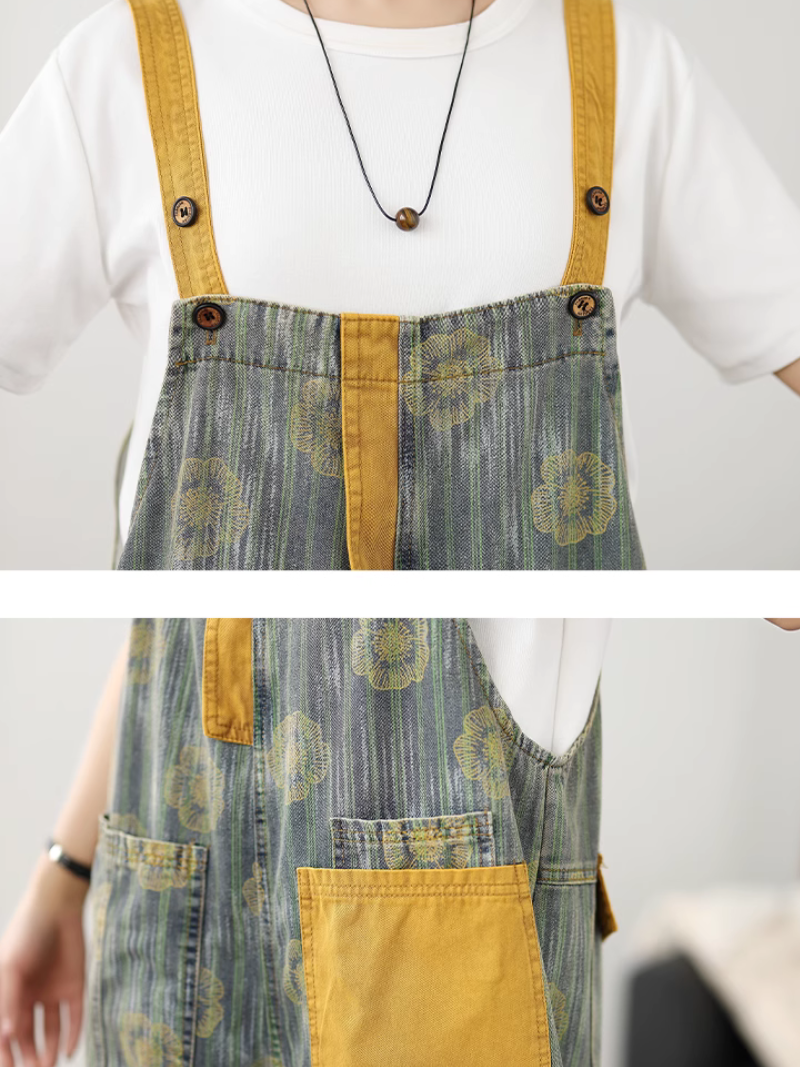 Women's Vintage-Inspired & Adjustable Strap Printed Dunagrees