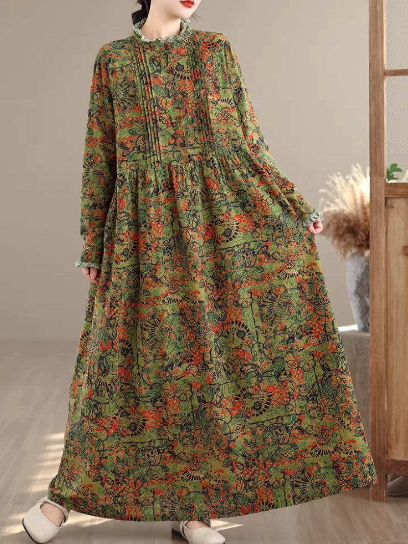 Artful Floral Cotton Boho Maxi Dress with Pintucks and Long Sleeves