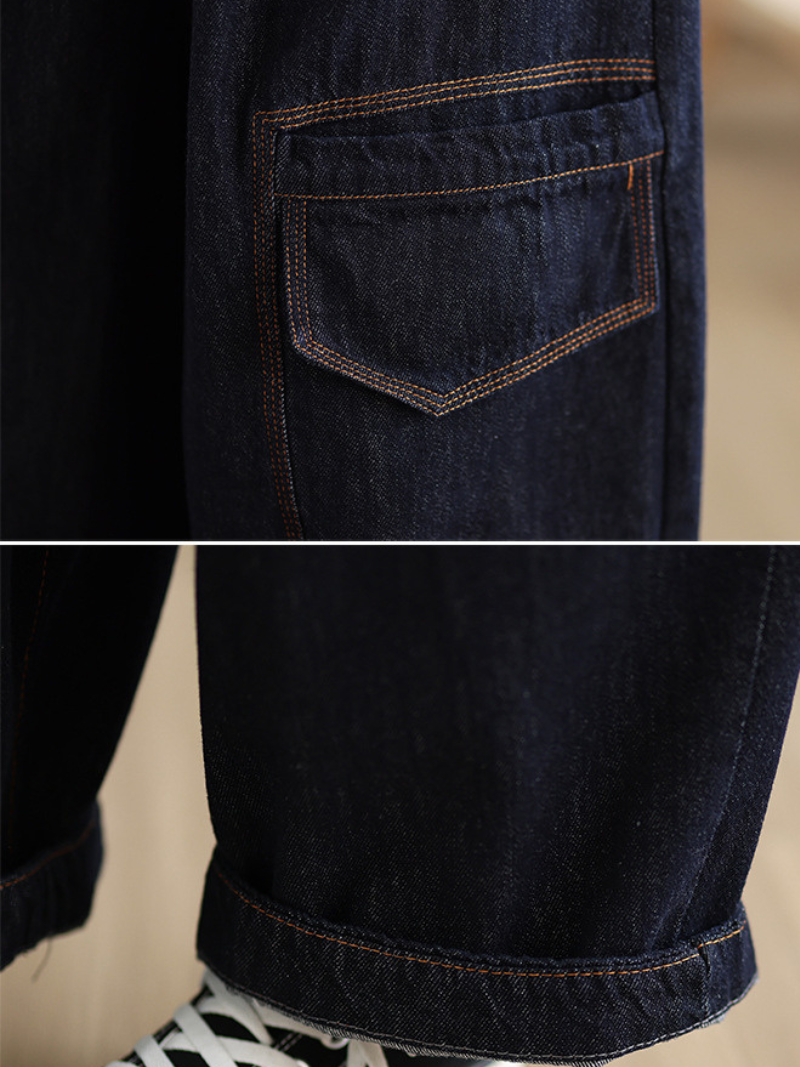 Artful Wide-Leg Denim Pants with Oversized Pockets and Drawstring Waist