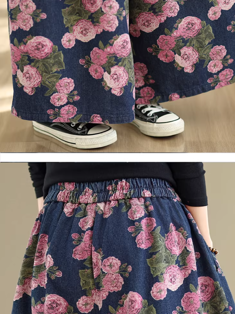 Floral Denim Cotton Wide-Leg Palazzo Pants with Elastic High Waist